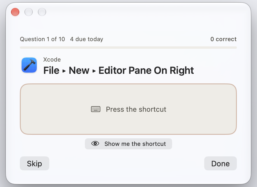 La ventana del modo práctica de Keysi preguntando por el atajo de File › New › Editor Pane On Right en Xcode, en la pregunta 1 de 10 y con 4 para repasar hoy